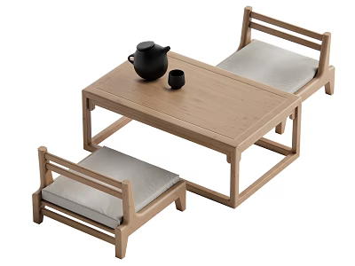 Wooden Tea Table With Teapot Teacup And Cushioned Chairs In Interior Design 3d model