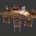 Wooden Writing Desk With Open Book Jewelry Box Water Jug Candles Apple And Chair