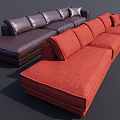 Brown Leather Sectional Sofa And Red Fabric Sofa With Decorative Pillows 3d model