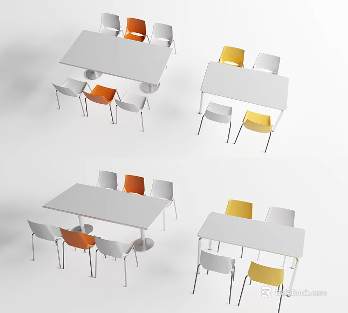 Modern White Dining Table Set with Orange Yellow and White Chairs Design 3d model