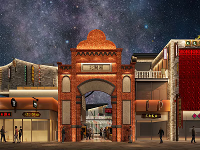 Vibrant Commercial Street Under Starry Sky Background With Red Brick Archway Shop Signs and Pedestrians 3d model