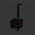 Vintage Metal Heating Stove With Square Body Curved Chimney And Four Legs