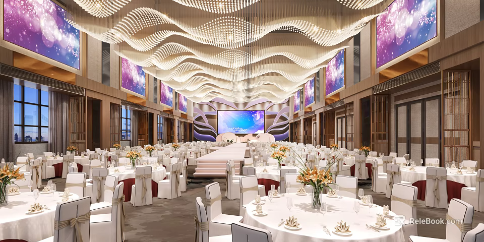 Elegant Banquet Hall Featuring Wavy Ceiling Design Large Screen And Dining Tables With Floral Centerpieces 3d model 