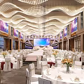 Elegant Banquet Hall Featuring Wavy Ceiling Design Large Screen And Dining Tables With Floral Centerpieces