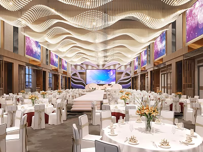 Elegant Banquet Hall Featuring Wavy Ceiling Design Large Screen And Dining Tables With Floral Centerpieces 3d model