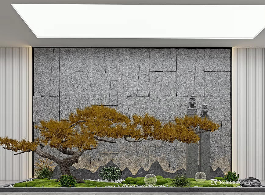 Indoor Landscape Design Featuring Stone Wall Yellow Pine Tree Rockery And Decorative Elements 3d model