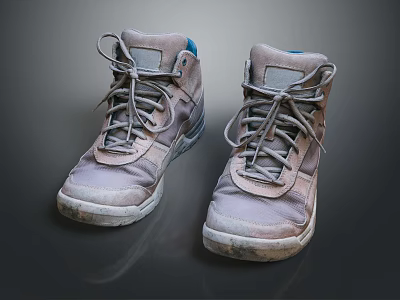 Gray High Top Casual Sneakers With Laces And Worn Soles For Everyday Wear 3d model
