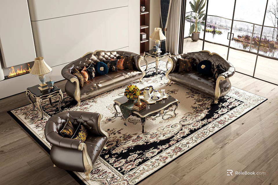 Modern Leather Sofa Coffee Table Set With Throw Pillows Area Rug And Table Lamps 3d model 