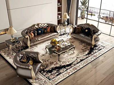 Modern Leather Sofa Coffee Table Set With Throw Pillows Area Rug And Table Lamps 3d model
