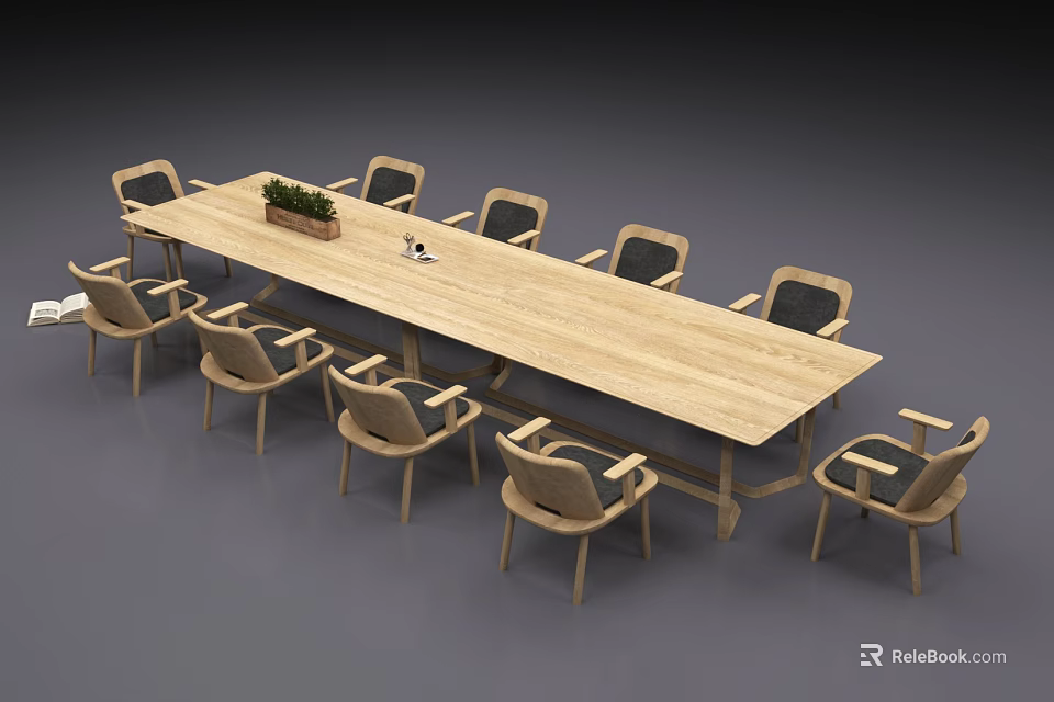 Wooden Conference Table with Potted Plant and Surrounded by Modern Chairs 3d model 