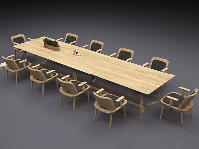 Wooden Conference Table with Potted Plant and Surrounded by Modern Chairs 3d model