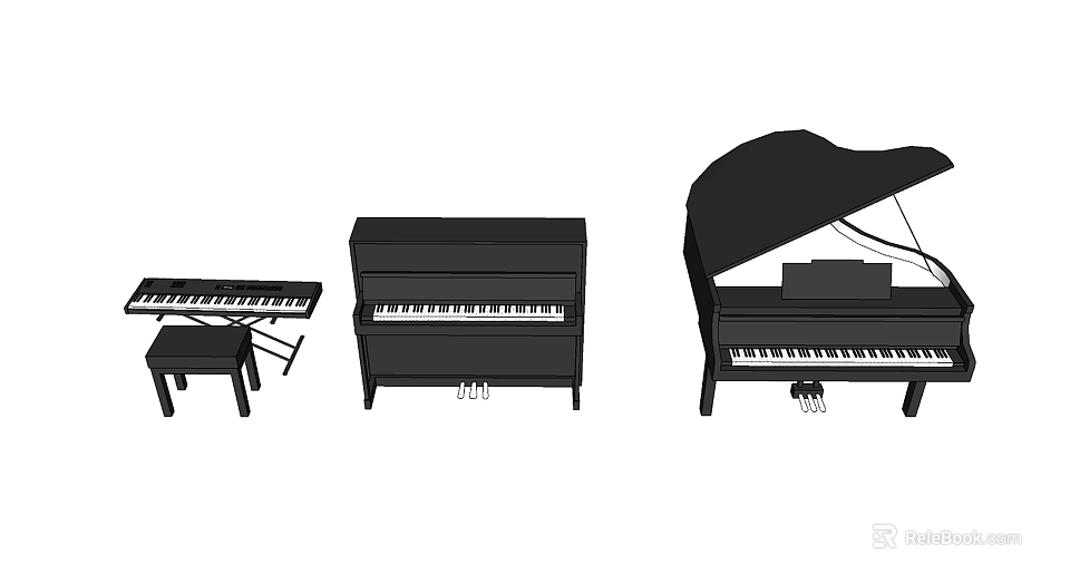 Different Types of Musical Instruments Including Upright Grand and Small Pianos with Stools 3d model 