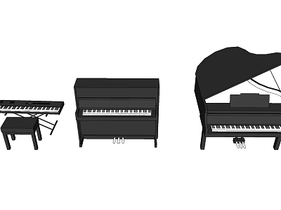 Different Types of Musical Instruments Including Upright Grand and Small Pianos with Stools 3d model