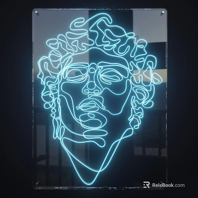 Artistic Modern Neon Decorative Light With Human Face Outline And Blue Glow 3d model 