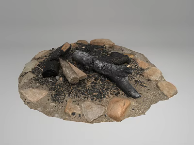 Garden Ornament Circular Fire Pit With Stones And Black Logs 3d model