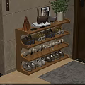 Wooden Multi tiered Shoe Rack With Various Shoes Decorative Pig Figurine Plant Pot And Books