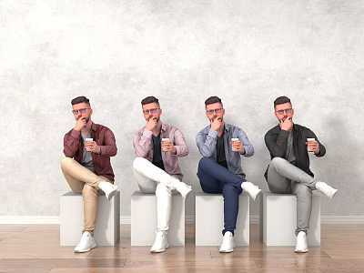 Four Men Sitting on White Cubes Holding Drinks Against Gray Wall with Different Colored Jackets 3d model