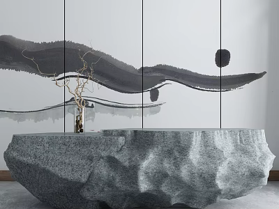 Natural Stone Reception Desk With Ink Painting Style Background Wall And Decorative Vase 3d model