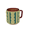 Cozy Cup With Green And Beige Crocheted Sleeve Red Rim And Handle
