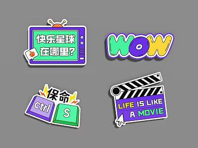 Creative Stickers With TV Icon WOW Text Ctrl S Save Key And Movie Clapperboard 3d model