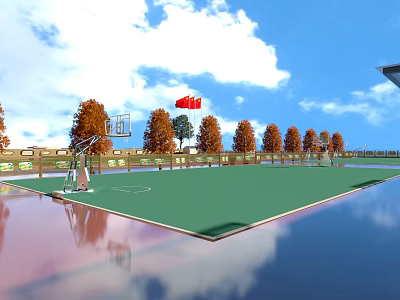 Outdoor Green Basketball Court With Hoop Orange Trees Red Flag Blue Sky And Reflection 3d model