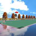 Outdoor Green Basketball Court With Hoop Orange Trees Red Flag Blue Sky And Reflection