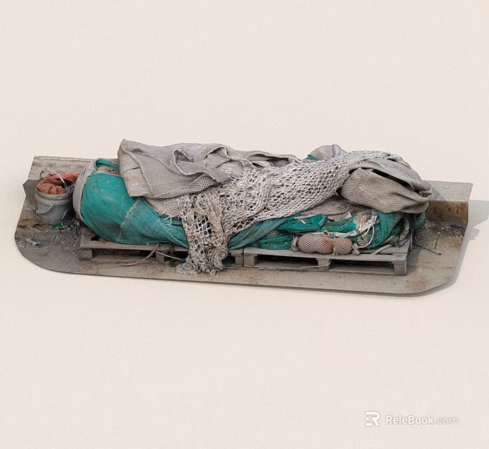 Wooden Stretcher With Green Cloth Wrapped Object Tattered Cloth Net And Small Bowl 3d model 