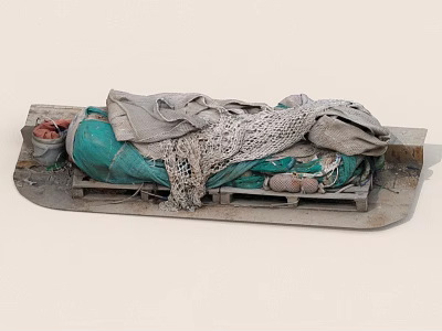 Wooden Stretcher With Green Cloth Wrapped Object Tattered Cloth Net And Small Bowl 3d model