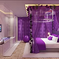 Purple Themed Hotel Guest Room With Four Poster Bed Floral Decor And Canopy