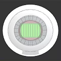 Modern Circular Stadium Design With Green Football Pitch And White Tiered Stands
