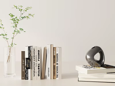 Decorative Ornament Set With Glass Vase Green Twigs Books And Gray Abstract Sculpture 3d model