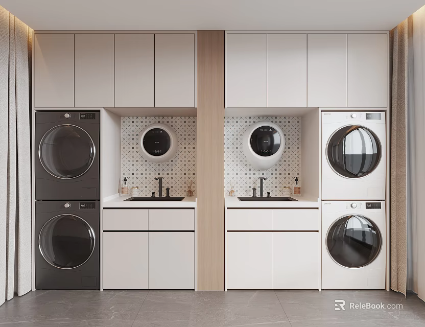 Modern Bathroom Cabinetry Design With White Units Circular Mirrors And Washing Machines 3d model 