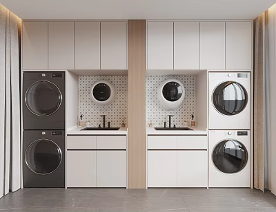 Modern Bathroom Cabinetry Design With White Units Circular Mirrors And Washing Machines 3d model