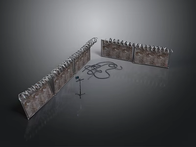 Security Barbed Wire Fence Barrier With Metal Panels And Surveillance Cables 3d model