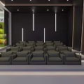 Modern Public Office Space with Rows of Seats Large Blue Screen Black Paneled Walls and Recessed Lights