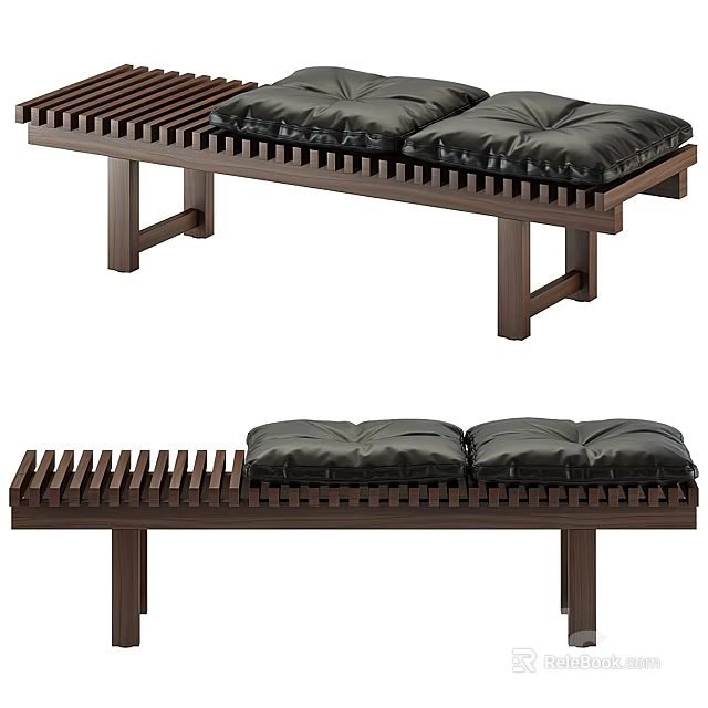 Comfortable Modern Public Chair With Wooden Slatted Frame And Black Cushions 3d model 