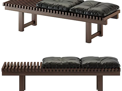 Comfortable Modern Public Chair With Wooden Slatted Frame And Black Cushions 3d model