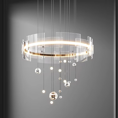 Modern Circular Chandelier With Transparent Acrylic Rings Metal Frame And Hanging Glass Spheres 3d model