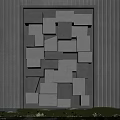 Modern Geometric Feature Wall With 3D Gray Blocks Arrangement Against Vertical Striped Backdrop And Lawn