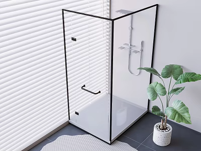 Sleek Shower Head in Black Framed Glass Shower Enclosure with White Blinds and Green Plant 3d model
