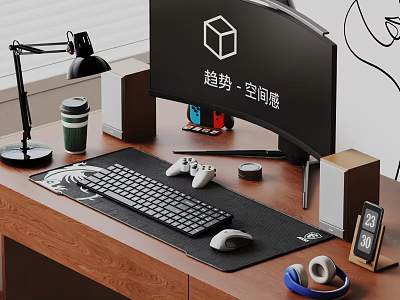 Curved Computer Monitor Setup On Wooden Desk With Keyboard Mouse Game Controllers Headphones And Speaker 3d model