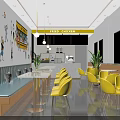 Modern Milk Tea Shop Interior With Yellow Chairs White Tables Blue Booths And Green Plants