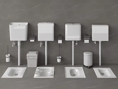White Squat Toilets And Wash Basins In Public Restroom With Gray Wall And Trash Bins 3d model