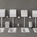 White Squat Toilets And Wash Basins In Public Restroom With Gray Wall And Trash Bins