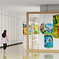 Modern Exhibition Hall Interior With Walking Girl Colorful Paintings Smooth Floor Open Layout Glass Partitions