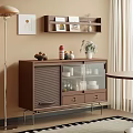 Brown Cabinet With Louvered Glass Doors Decorative Items And Potted Plant