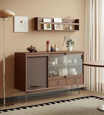 Brown Cabinet With Louvered Glass Doors Decorative Items And Potted Plant 3d model