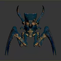 Blue and Yellow Spider Like Creature with Multiple Armored Legs and Mythical Body Details