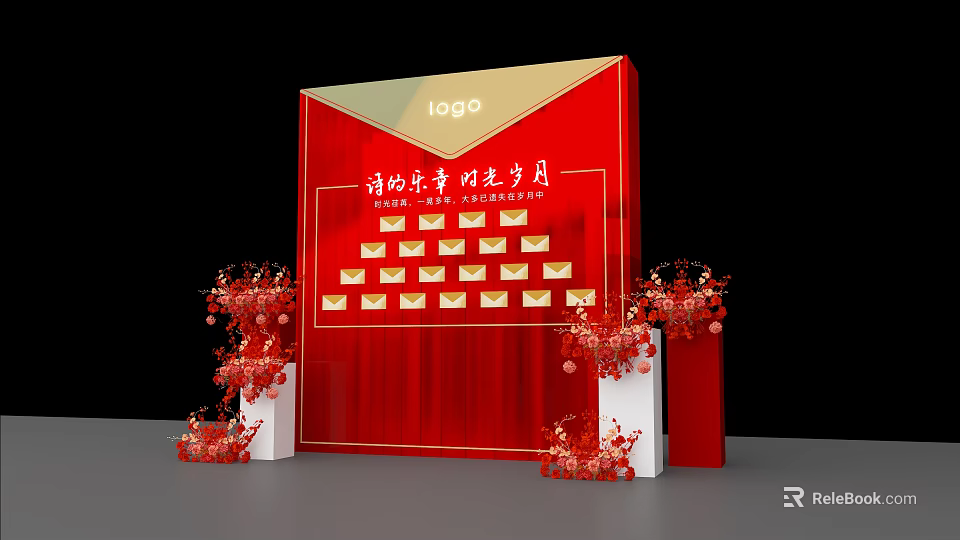 Interactive Zone With Red Display Board Logo Envelope Designs And Decorative Flowers 3d model 