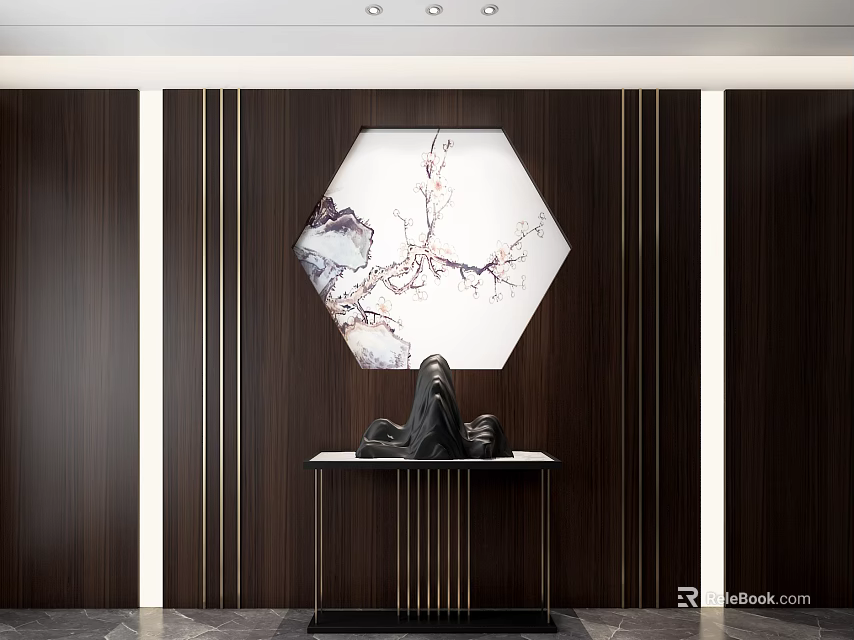 Elegant Console Table Interior With Hexagonal Marble On Dark Wooden Wall And Black Sculpture 3d model
